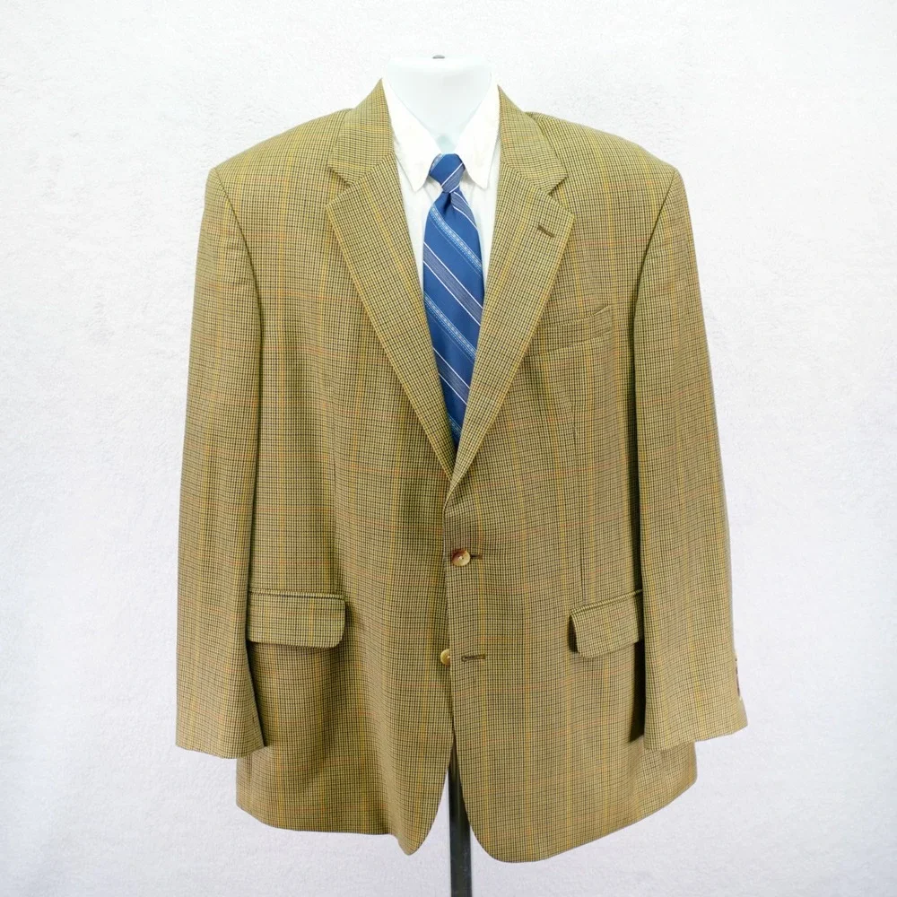 Nautica Wool Tan Green‎ Blue Houndstooth W/ Yellow Red Windowpane 46L Sport Coat